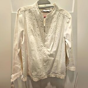 Quacker Factory White Embellished Zip Jacket Large – Rhinestones & Ruffle Trim